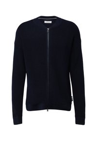 Marineblauer Strickpullover mit Reißverschluss aus strukturiertem Stoff; verfügt über einen runderen Ausschnitt, lange Ärmel sowie einen gerippten Saum und Bündchen.