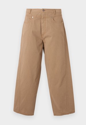 Beige wide-leg pants with front button and zip closure, two front pockets, and visible stitching on a white background.