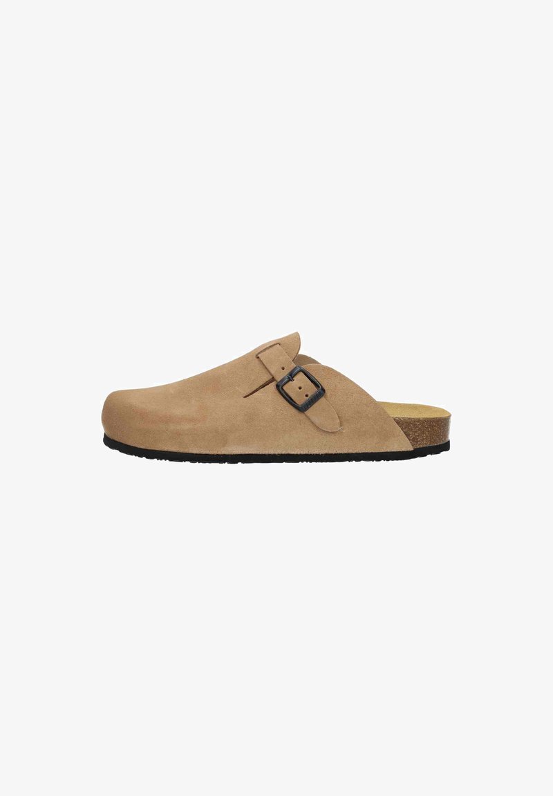 Beige suede clog with a wide strap and a black metal buckle. Contoured cork footbed and textured black rubber sole.