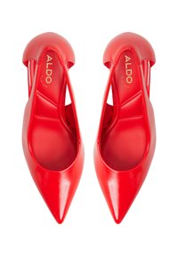 Scarpe con tacco alto in pelle verniciata rossa, con punta affusolata e design a taglio sui lati. Presentano dettagli con logo dorato all'interno.