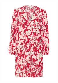 Vestido floral rojo con escote en V, mangas largas y un corte relajado. La tela tiene una textura suave con patrones de flores abstractas en blanco.