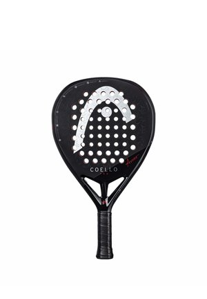 Racchetta da padel nera con superficie perforata, logo bianco curvo, "Coello Pro" e firma rossa sul lato, e manico nero avvolto.