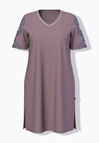 Šaty s krátkým rukávem z jemné, tlumené barvy mauve s výstřihem do V, které mají modré květinové vzory na rukávech a bočními rozparky pro snadný pohyb.