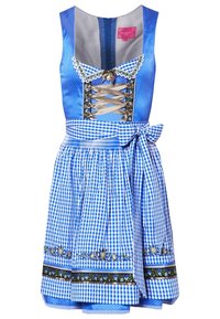 Blå klänning i texturerad tyg, med en figurnära bodice, snörning fram och en rutmönstrad kjol med blommig brodyr och rosettdetalj.