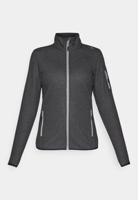 Grå zip-up jakke laget av teksturert stoff. Har høy krage, to frontlommer og en glidelåslomme på armen med kontrasterende svarte detaljer.