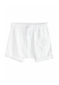 Pantalones cortos de algodón blanco con una superficie texturizada, con un dobladillo enrollado y una cintura elástica con cordón. Incluye un bolsillo de parche.