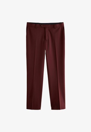 Pantalones burdeos de tejido suave, con un diseño de pierna recta, cierre frontal con botón y bolsillos laterales.