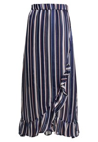 Navy maxi skirt with vertical stripes in white, pink, and beige. Features a ruffled hem and an elastic waistband for comfort.