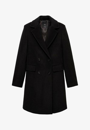 Crni kaput od vune s dodatkom, duplog raskopčavanja, s kragnom i dva prednja džepa. Ima kopčanje na dugmad i glatku unutrašnjost.