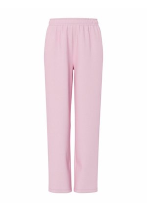 Pantalones de chándal rosas con una cinturilla elástica, diseño de pierna recta, textura suave y detalles de costura mínimos. No hay bolsillos visibles.