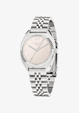 Sølv rustfrit stål ur med en lys rosa skive, romersk nummer XII og en tekstureret bezel. Har et armbånd i lænker.