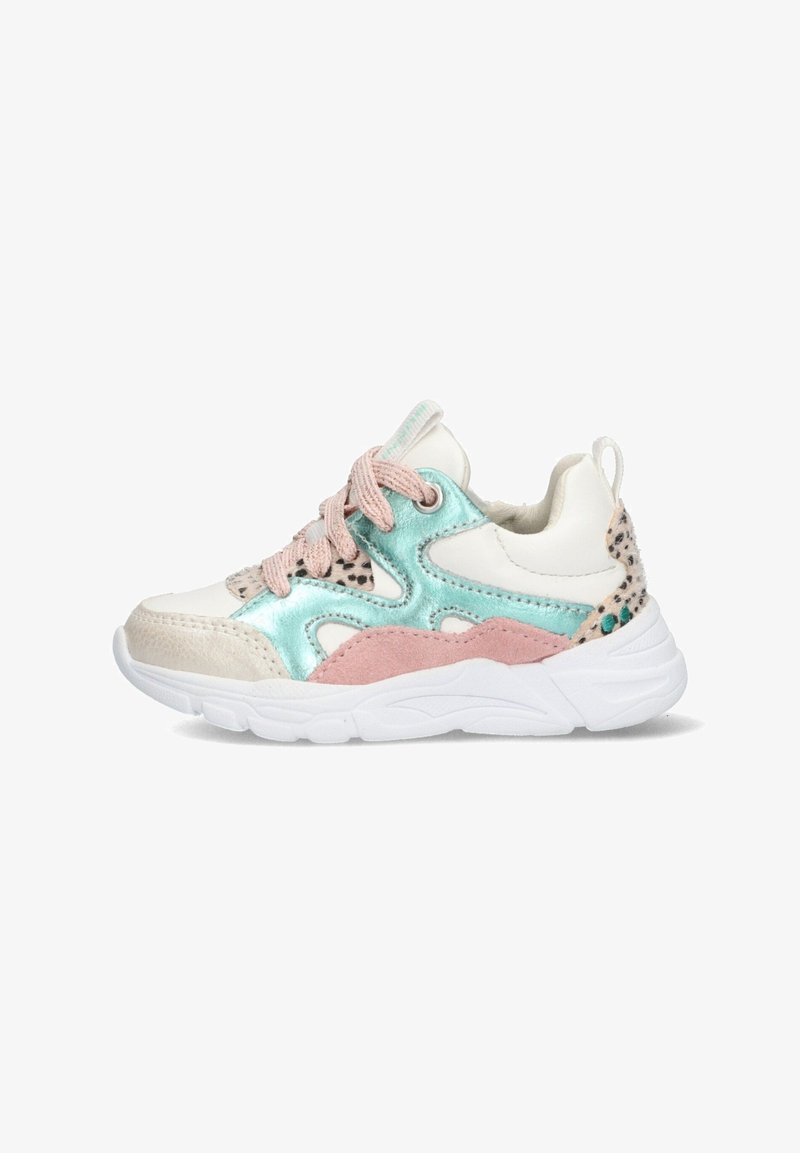 Sneakers featuring white, shiny upper with turquoise and pink accents, textured materials, patterned back, and light-colored sole.