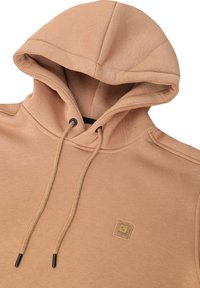 Felpa con cappuccio di colore beige chiaro, realizzata in tessuto morbido. Presenta cordini, una patch con il logo e un design classico da hoodie.