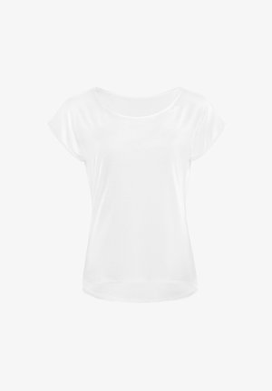 Fehér, rövid ujjú póló, kerek nyakkivágással. Puha anyagból készült, sima tapintású és laza szabású. Egyszerű és minimalista dizájn.