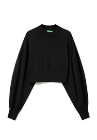 Maglione nero a maniche lunghe, in morbido materiale a maglia, con collo alto e maniche voluminose con polsini a coste.