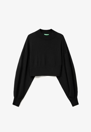 Maglione nero a maniche lunghe, in morbido materiale a maglia, con collo alto e maniche voluminose con polsini a coste.