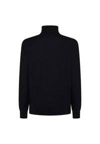 Maglione nero a maglia con collo alto, maniche lunghe e polsini e orlo a coste. Texture liscia, senza motivi o decorazioni.