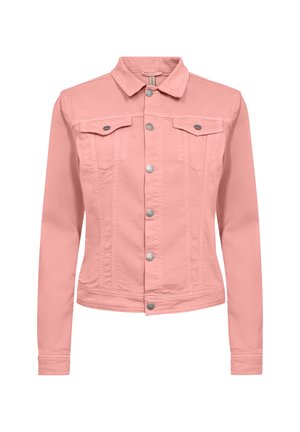 Rosa Jeansjacke mit kragenförmigem Ausschnitt, zwei Brusttaschen, silbernen Knopfschluss und langen Ärmeln in taillierter Passform.