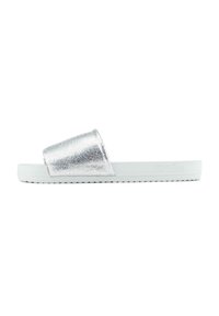 Silver metallic slide sandal with a textured strap and a light-colored rubber sole. The brand name "flip*flop" is embossed on the side.