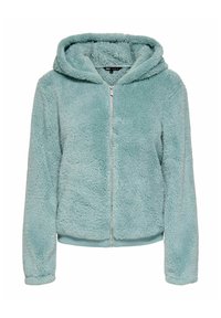 Fuzzy turquoise zip-up hoodie with a spacious hood, ribbed hem, and cuffs, featuring a soft texture and no patterns or accents.