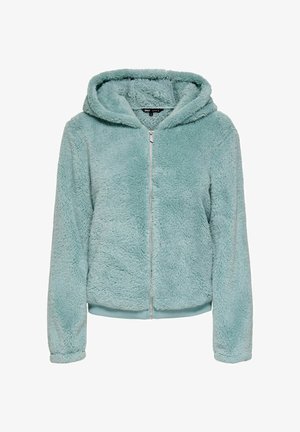 Pehmeast türkiissinisest materjalist tõmblukkidega kapuutsiga särk, millel on avar kapuuts, soonikkoes äär ja mansetid, millel on pehme tekstuur ning puuduvad mustrid või aksessuaarid.