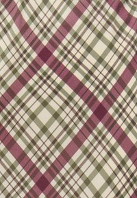 Tissu à carreaux avec des rayures alternées beige clair, vert foncé et bordeaux formant un motif géométrique. Texture lisse, poids moyen.