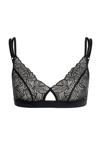 Schwarzer Spitzen-Bralette mit floralem Muster, transparenten Einsätzen und dreieckiger Form. Verfügt über dünne Träger und ein mittelweites Band unter der Brust.