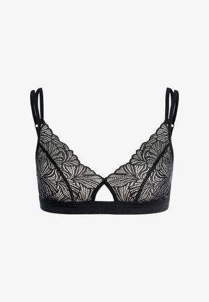 Schwarzer Spitzen-Bralette mit floralem Muster, transparenten Einsätzen und dreieckiger Form. Verfügt über dünne Träger und ein mittelweites Band unter der Brust.