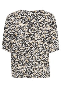 Blusa a maniche corte con stampa leopardata, caratterizzata da una combinazione di colori bianco, nero e oro. Vestibilità ampia con dettaglio a chiave sulla schiena.