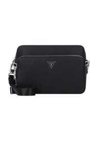 Borsa a tracolla nera sintetica con finitura texture, doppie tasche con zip, hardware argentato e tracolla regolabile. Presenta un accento con logo.