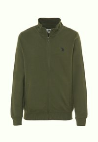 Giacca zip-up verde oliva in un tessuto morbido con colletto alto, due tasche laterali e un piccolo logo ricamato sul petto.