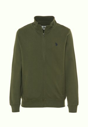 Giacca zip-up verde oliva in un tessuto morbido con colletto alto, due tasche laterali e un piccolo logo ricamato sul petto.