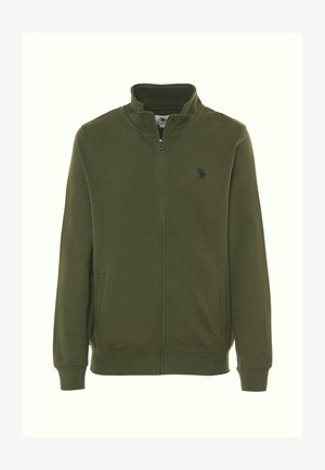 Giacca zip-up verde oliva in un tessuto morbido con colletto alto, due tasche laterali e un piccolo logo ricamato sul petto.