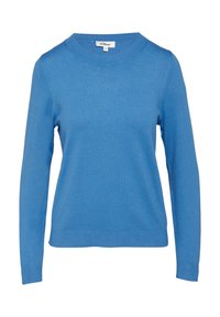 Pull bleu à manches longues col rond, maille légère, poignets et ourlet côtelés, étiquette de la marque "s.Oliver" à l'intérieur du col.