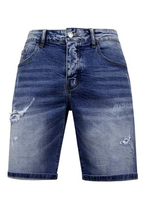 Leren shorts in lichtblauw met vervaagde secties, beschadigde details aan de voorkant, vijf zakken, een knoopsluiting en riemlussen.