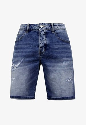 Leren shorts in lichtblauw met vervaagde secties, beschadigde details aan de voorkant, vijf zakken, een knoopsluiting en riemlussen.
