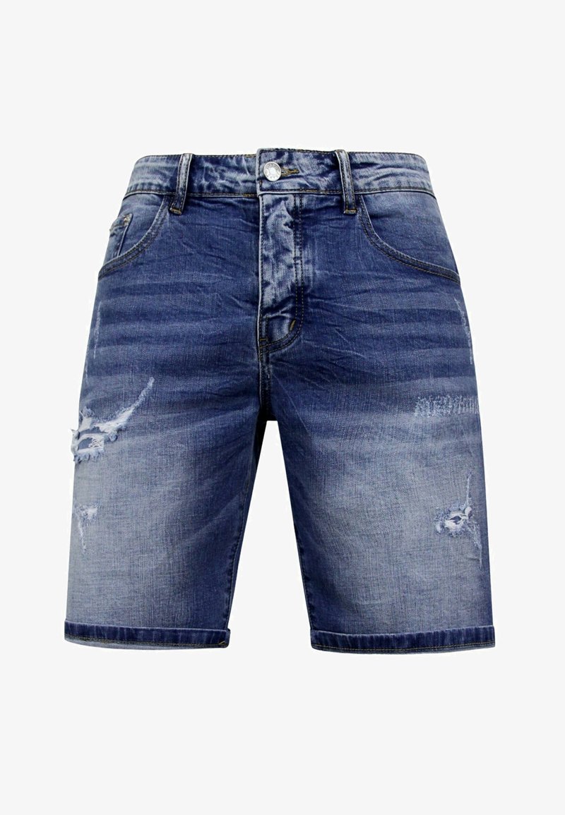 Leren shorts in lichtblauw met vervaagde secties, beschadigde details aan de voorkant, vijf zakken, een knoopsluiting en riemlussen.