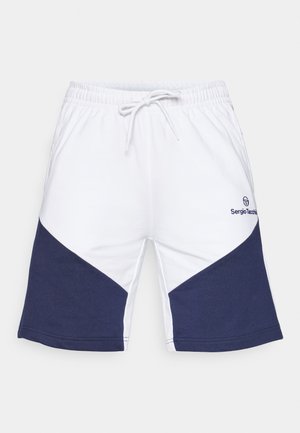 Biele šortky s námorníckym modrým chevron vzorom, elastický pás s viazaním a logo na ľavej strane. Bavlnený materiál s hladkou textúrou.