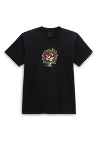 Camiseta negra de manga corta con un gráfico de rosa colorida, hojas verdes y acentos de llamas; logo de "Vans" impreso debajo. Material de algodón suave.