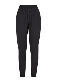 Pantaloni neri con vita elastica e polsini arricciati, design a gamba dritta, realizzati in materiale leggero, con un logo discreto sul lato.