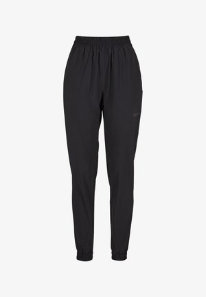 Pantaloni neri con vita elastica e polsini arricciati, design a gamba dritta, realizzati in materiale leggero, con un logo discreto sul lato.