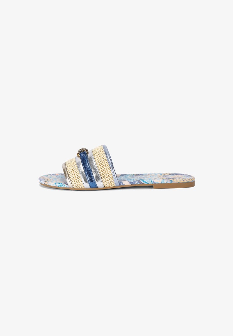 Slide sandal with a woven gold and blue upper, featuring a decorative accent. Floral patterned insole on a flat rubber sole.