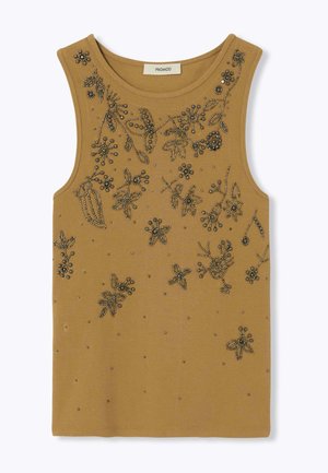 Haut en maille marron sans manches avec col rond, décoré de motifs floraux et feuillus complexes en perles foncées sur le devant.