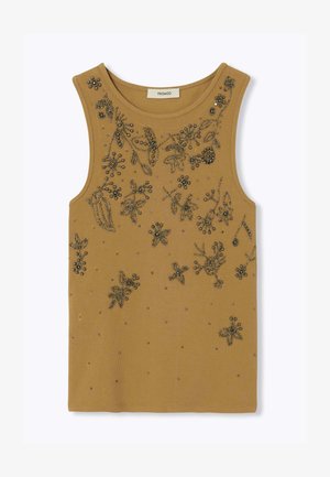 Haut en maille marron sans manches avec col rond, décoré de motifs floraux et feuillus complexes en perles foncées sur le devant.