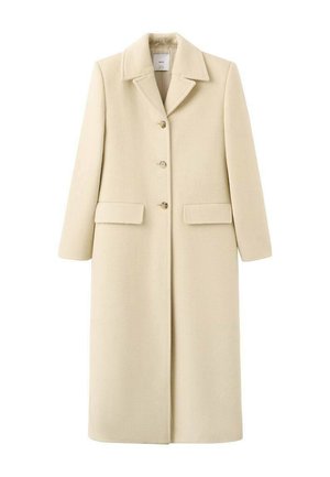 Long beige wool coat with lapel collar, three buttons down front, and two flap pockets at hip level.