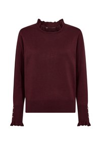 Burgundyröd stickad tröja med ryschad hög hals, långa ärmar och knappdetaljer vid ärmsluten. Mjuk textur och figursytt design.