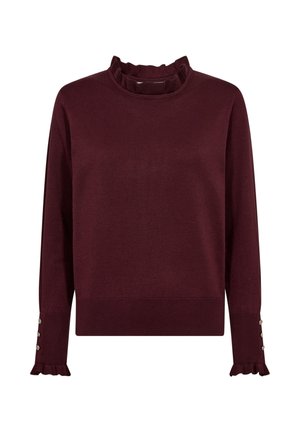 Burgundyröd stickad tröja med ryschad hög hals, långa ärmar och knappdetaljer vid ärmsluten. Mjuk textur och figursytt design.