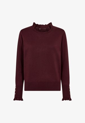 Burgundyröd stickad tröja med ryschad hög hals, långa ärmar och knappdetaljer vid ärmsluten. Mjuk textur och figursytt design.