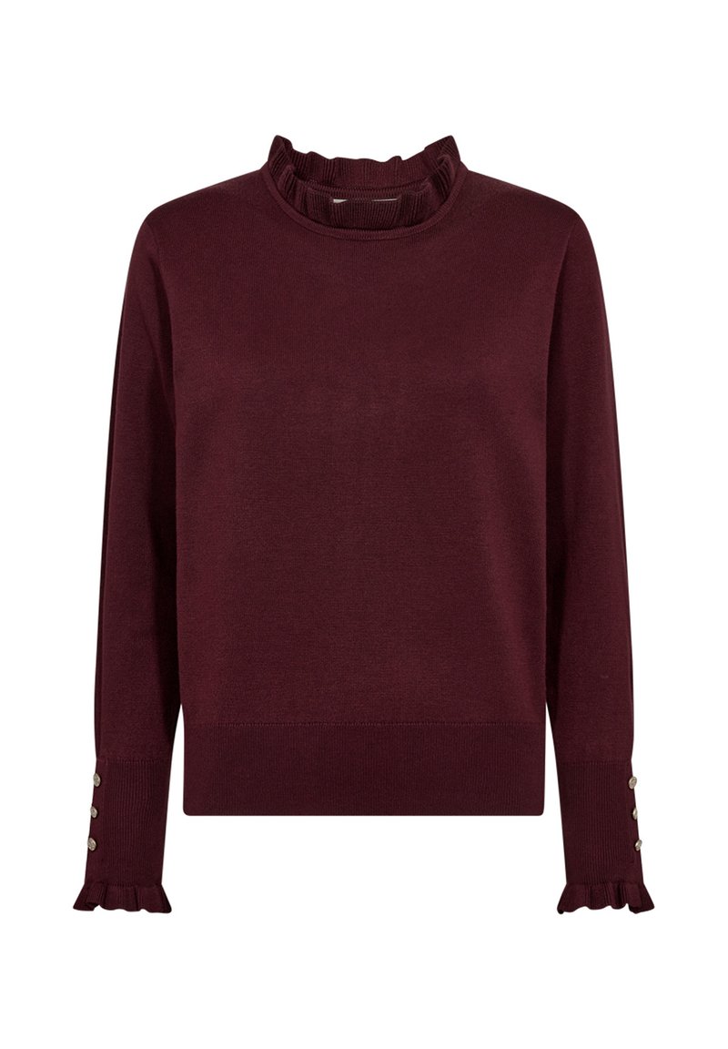 Burgundyröd stickad tröja med ryschad hög hals, långa ärmar och knappdetaljer vid ärmsluten. Mjuk textur och figursytt design.