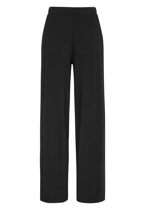 Schwarze weite Hosen aus weichem Stoff, mit einem nahtlosen Taillenbund und einem schlichten Design, ohne Taschen oder sichtbare Nähte.